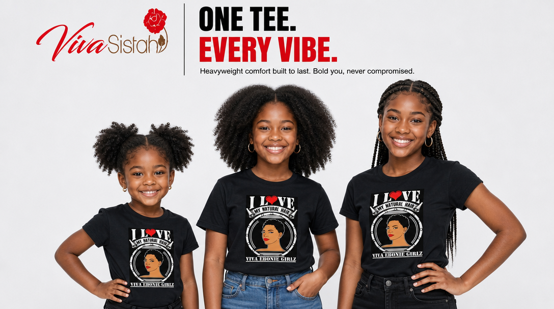 Three young girls modeling black graphic t-shirts with a custom portrait print and the text 'I LOVE VIRGINIA ROBERTS' and 'VIVA ELITE CHAMPION'. The background is white with the brand logo 'Viva SistaH' and slogan 'ONE TEE.