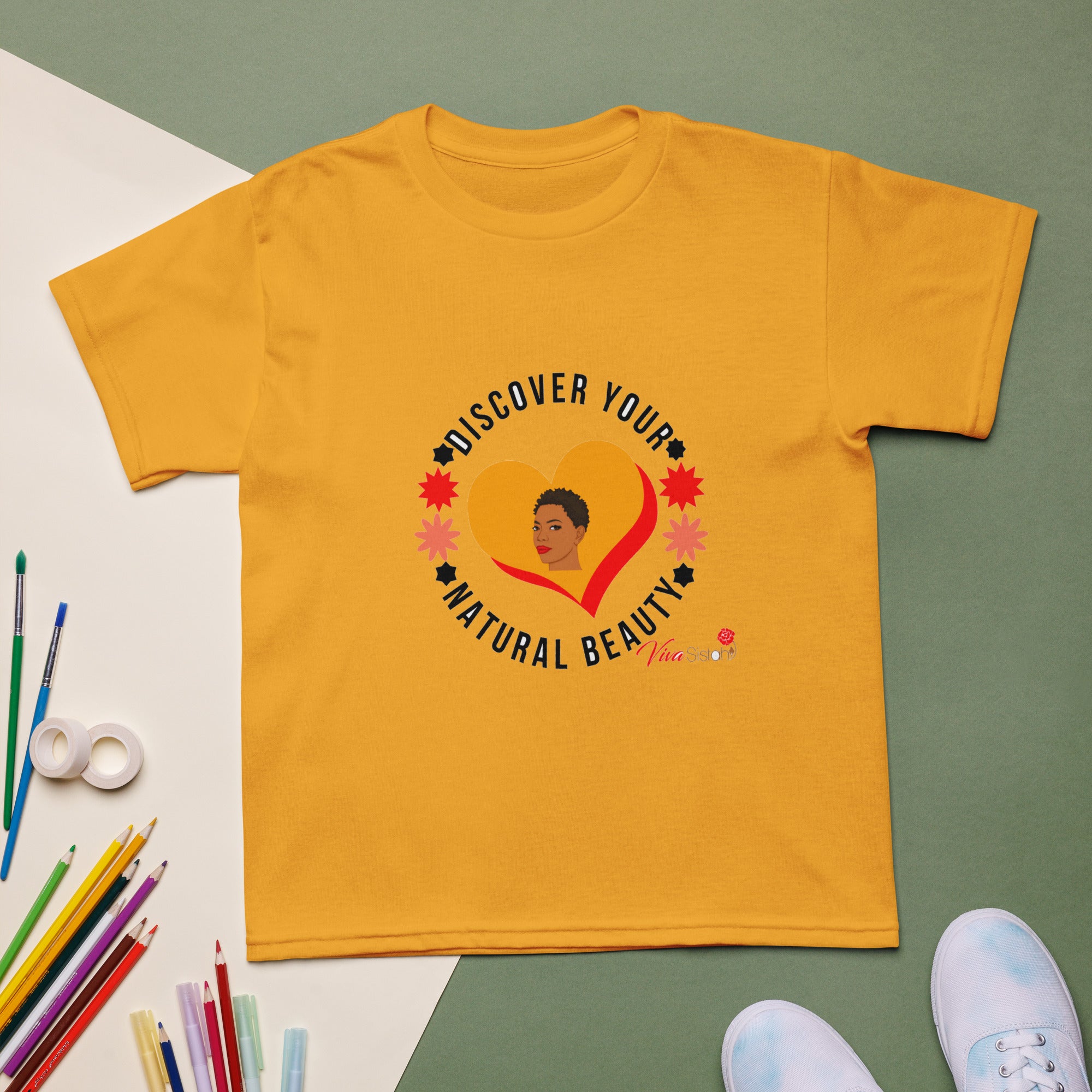 Afrika discover your natural beauty Youth t-shirt gold red pink - VivaSistah