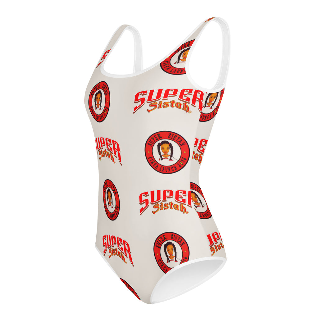 All-Over Print Youth Swimsuit Super Sistah logo - VivaSistah