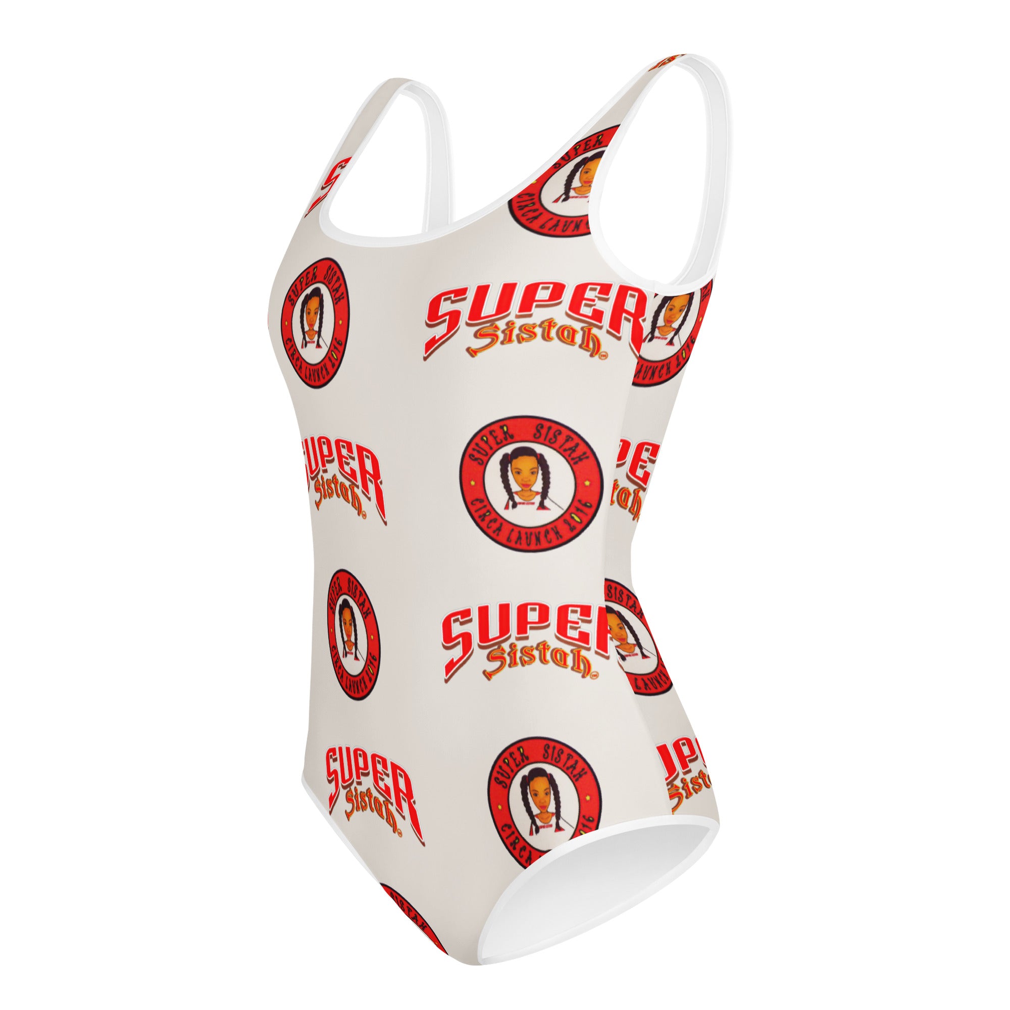 All-Over Print Youth Swimsuit Super Sistah logo - VivaSistah