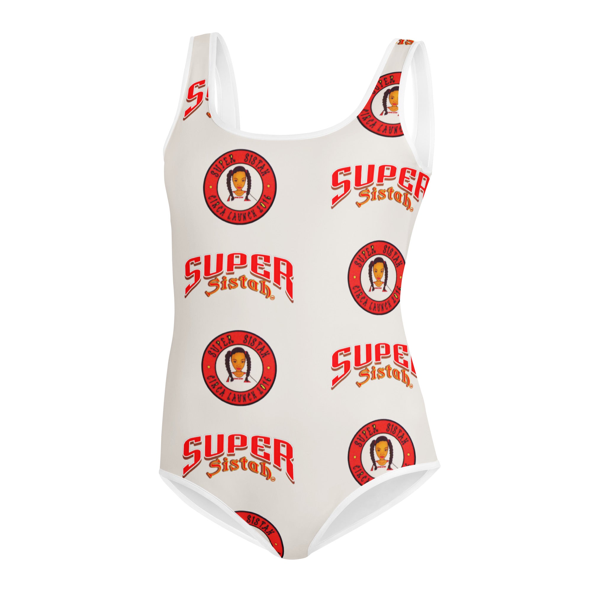 All-Over Print Youth Swimsuit Super Sistah logo - VivaSistah
