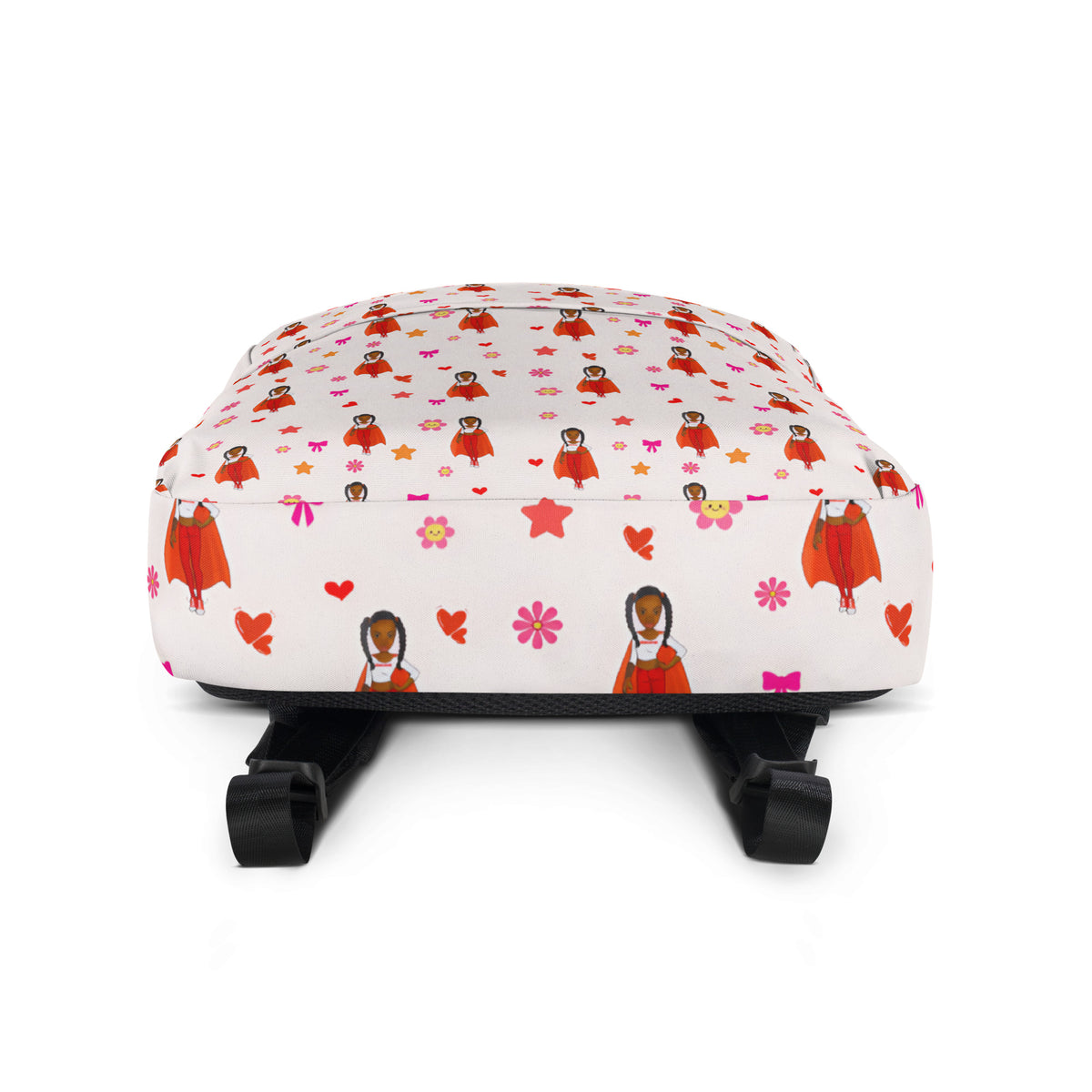 A small soft-sided backpack or bag with a white base and an allover print of cartoon children in red dresses, hearts, stars, and flowers, shown from the back with black wheels visible.