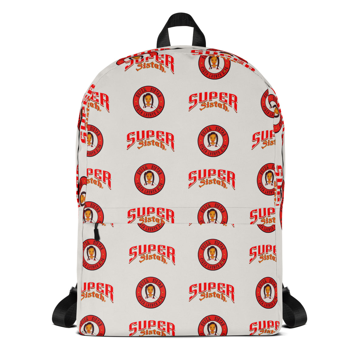 A white backpack featuring a repeating red and yellow 'Super Sister' logo pattern, with black straps and a black top handle, shown against a plain white background.