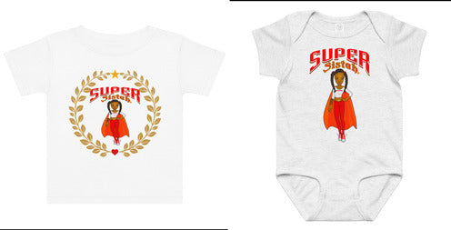 Two baby apparel items shown on a plain _white background:_white_short-sleeve _toddler_T-shirt_with_a _circular_gold _laurel_wreath_and_red_'SUPER Sister' _graphic,_and_ash_colored_short-sleeve_baby_bodysuit_with_a_red_'Super_Sister'_graphic_illustrated_superhero_girl_in_a_red_cape.