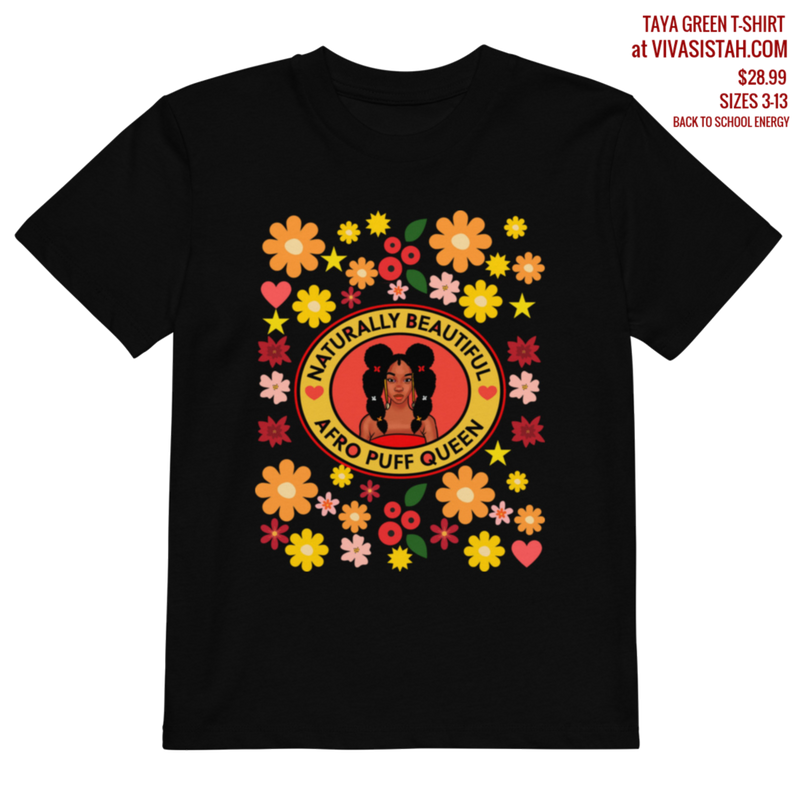 A black short-sleeve t-shirt with a colorful retro graphic on the front. The graphic features a central circular design with the text 'NATURALLY BEAUTIFUL AFRO PUFF QUEEN' surrounding an illustration of a woman with braids, surrounded by a border of orange, yellow, pink, and red flowers and hearts.