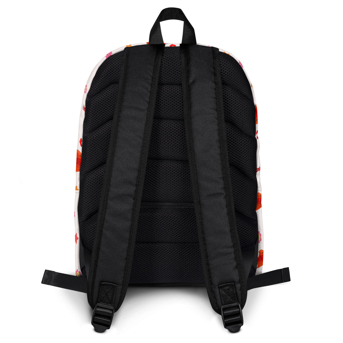 The back view of a backpack with black padded shoulder straps and a white side panel featuring a colorful, repeating abstract pattern.