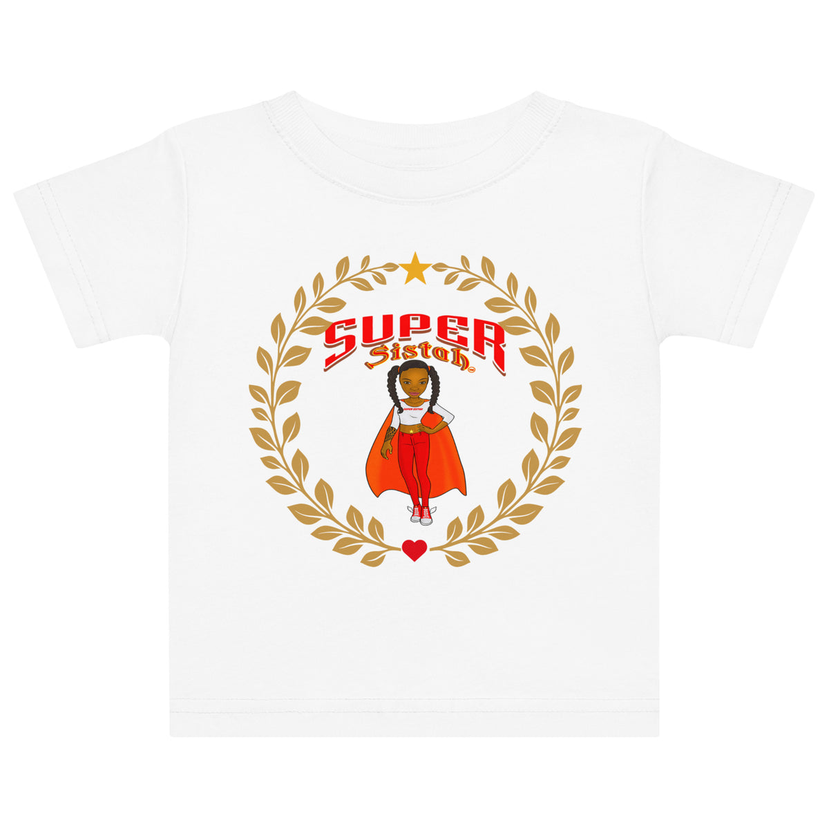 White t-shirt with 'Super Sistah' graphic design featuring a woman in a red outfit and cape.