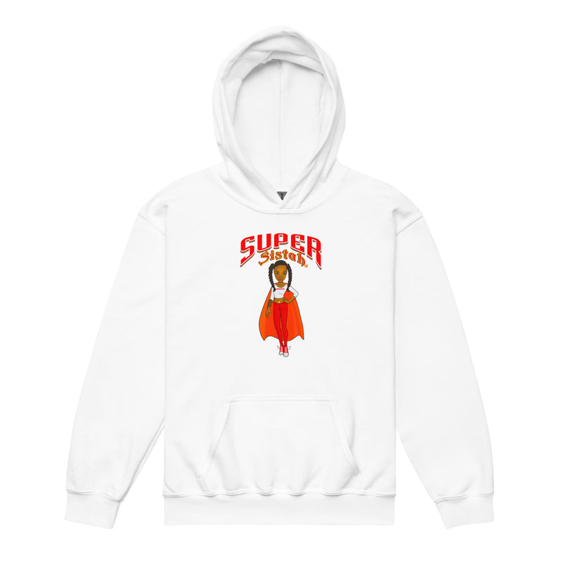 A white pullover hoodie with a front kangaroo pocket and a graphic print on the chest. The graphic features the text 'SUPER sister' in red and yellow, above an illustration of a girl with brown hair wearing a red cape.